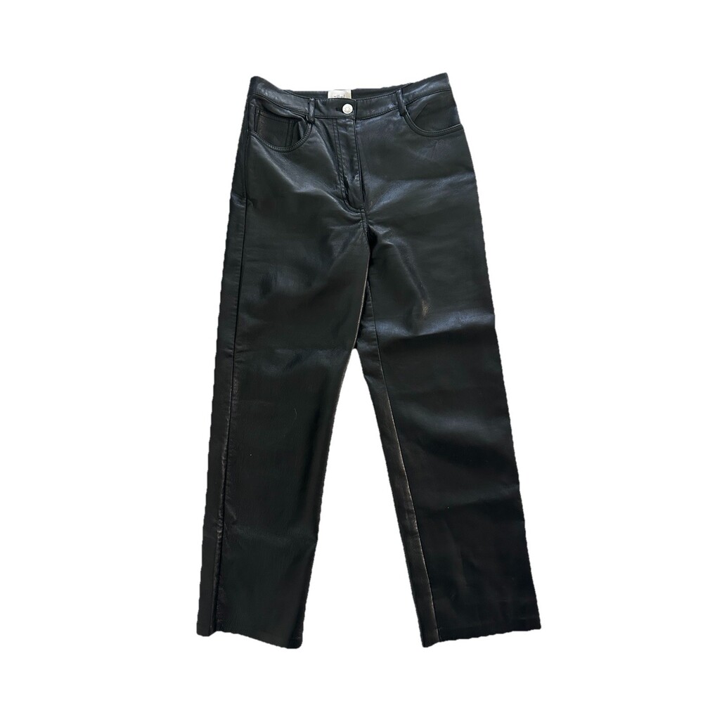 Wilfred Black Faux Leather Straight Pants High Rise Pockets Button Zip Closure - Picture 6 of 9